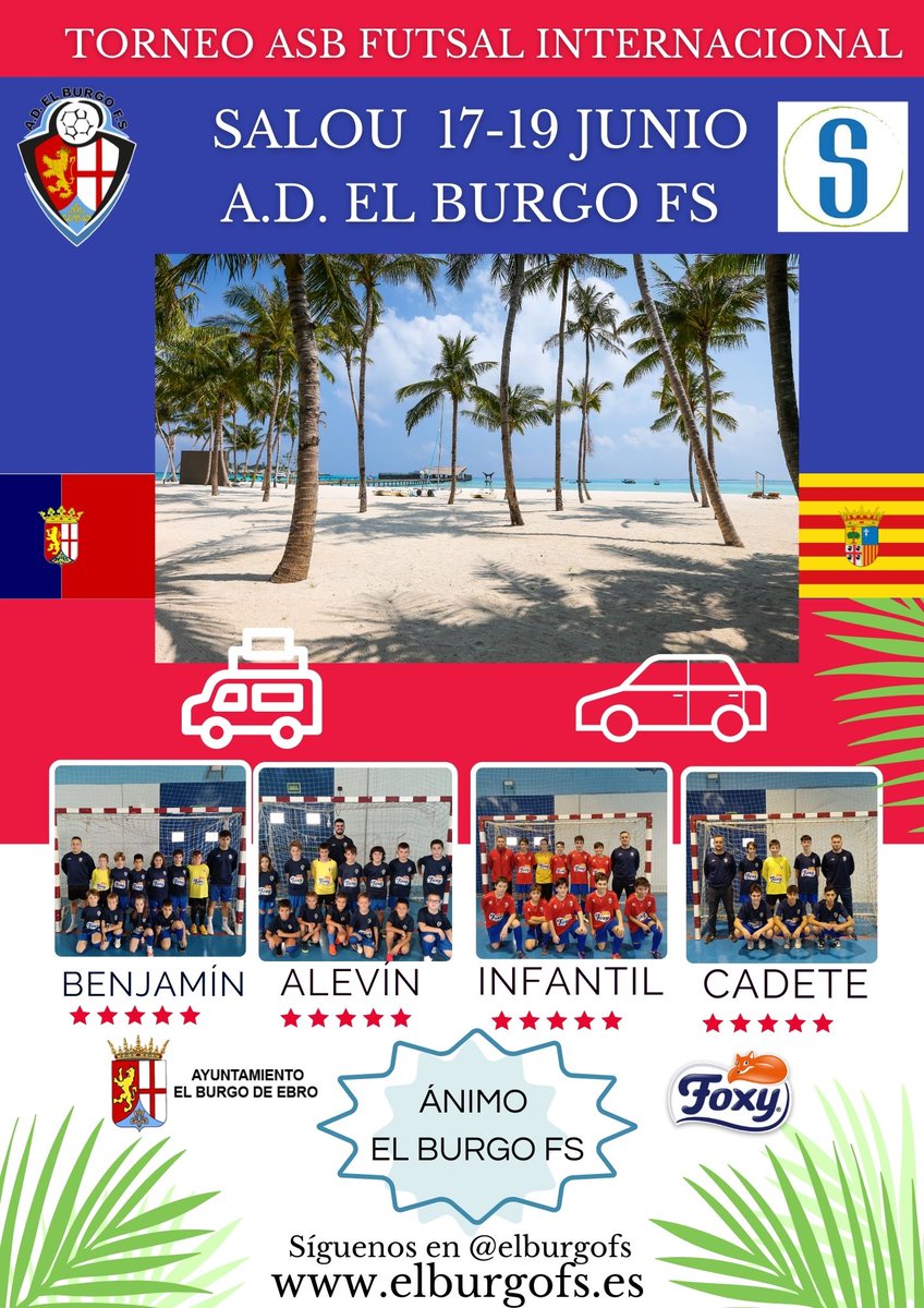 EL BURGO F.S. se va a SALOU!!! 🔴🔵🥅🏖️🌊♥️
TORNEO INTERNACIONAL FÚTBOL SALA
17-19 JUNIO
#elburgodeebro #futsal #futbolsala