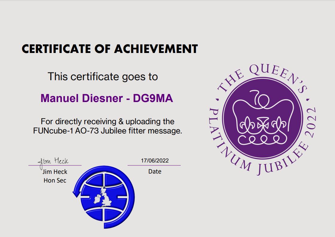 Received a special fitter message from satellite AO-73 🛰️ today and got a link to download this nice Certificate of Achievement!🤗
Telemetry received and uploaded to <a href="/AmsatUK/">AMSAT-UK</a> Data Warehouse.
Thanks <a href="/FUNcubeUK/">FUNcube</a> #amsat #hamr