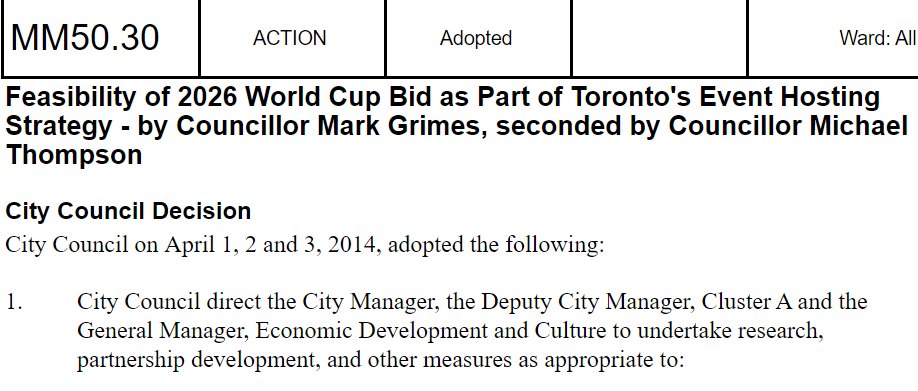 In 2014, I moved a motion at City Council to look at bringing the largest sporting event in the world to our City. bit.ly/FIFAMotion

Yesterday, Toronto was announced as a Host for the #FIFA2026WorldCup.

Thank you to all involved - what an incredible moment for our City !