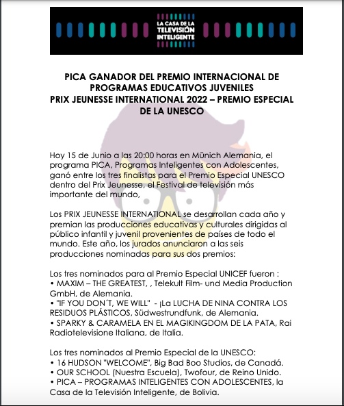 picabolivia's tweet photo. ¡Seguimos celebrando! 🥳 ganamos el Primer Premio Internacional de Programas Educativos Juveniles PRIX JEUNESSE INTERNATIONAL 2022 - Premio Especial de la UNESCO premiando las producciones educativas y culturales dirigidas al público infantil y juvenil en todo el mundo. https://t.co/hPvUKq5zvp