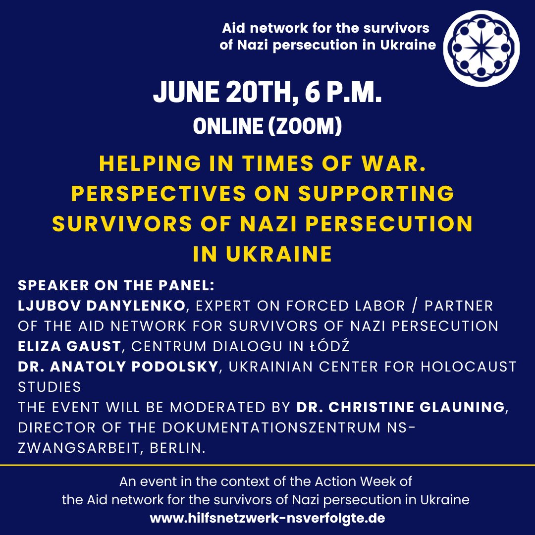 Buchenwald_Dora's tweet photo. The #HelpNetwork for #SurvivorsNaziPersecutionUkraine arranges an Action Week with many events nationwide from 19th-29th June. We extend a special invitation to this 👇 joint event on Mon, 20th, online, simultaneous translation German/English. Read more: https://t.co/wK3QXGGlqb https://t.co/izKBmeOgyh