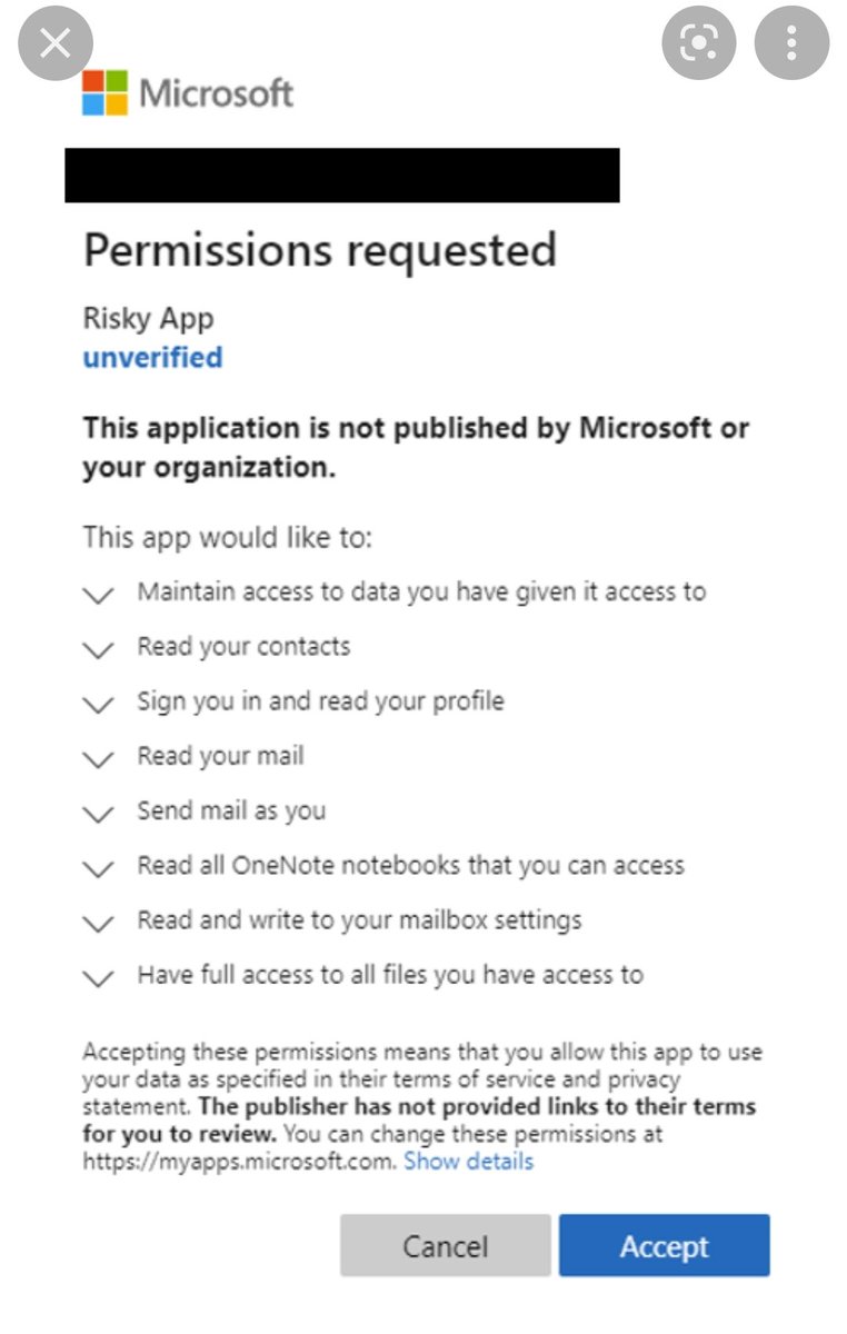 CybersecByMo's tweet photo. #Cybersecurity tip: Never grant permissions from apps you don't trust. You may get an email with a code asking you to insert it to the actual Microsoft website. If you insert it, this page will show up. And if you accept, your entire 0365 will be compromised. https://t.co/Ql0mnycHma