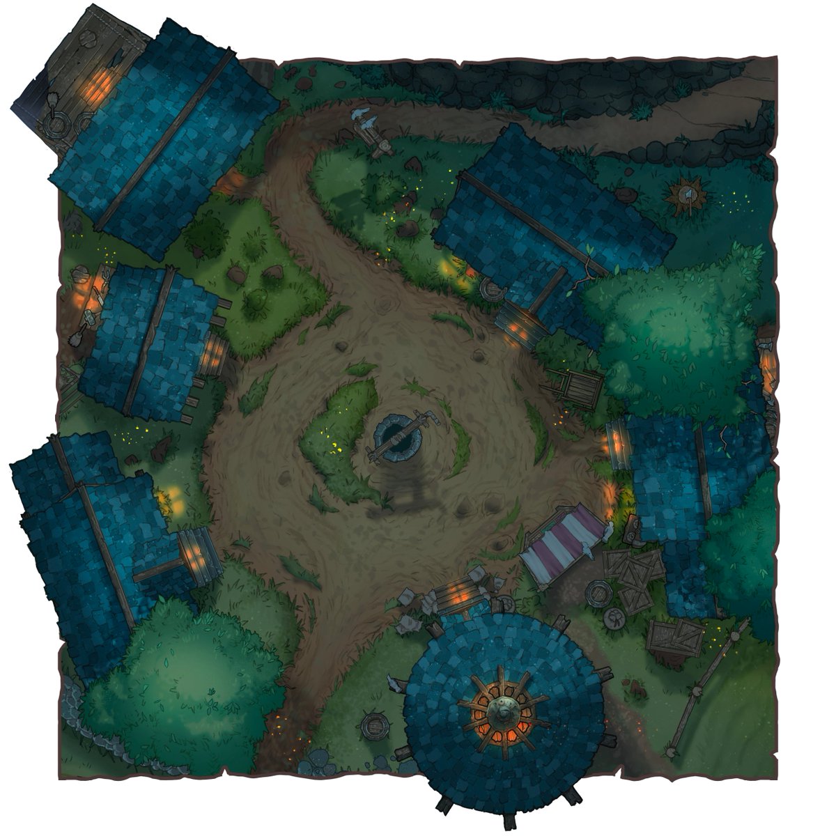 MapHatchery's tweet image. Check out the warm orange glow of the village at night- a memory of better times, before the village was abandoned 🥲

#dnd #battlemaps #ttrpg