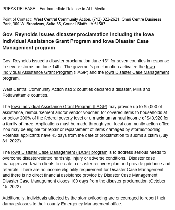 Gov. Reynolds issues disaster proclamation including the Iowa Individual Assistance Grant Program and Iowa Disaster Case Management program. 

WCCA had 2 counties declared a disaster, Mills and Pottawattamie counties.  Learn more about this assistance below!