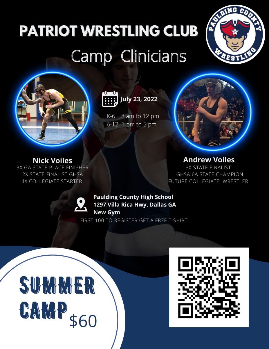 Paulding County Wrestling is excited and proud to announce…Nick and Andrew Voiles Camp hosted at PCHS, Saturday, July 23rd! Great technique, elite skills will be taught and a lot of fun! Click on the code to register. <a href="/PCPatriotsports/">PCHS Patriots</a> <a href="/SeWrestle/">SEWrestle</a> <a href="/GeorgiaGrappler/">Georgia Grappler</a>