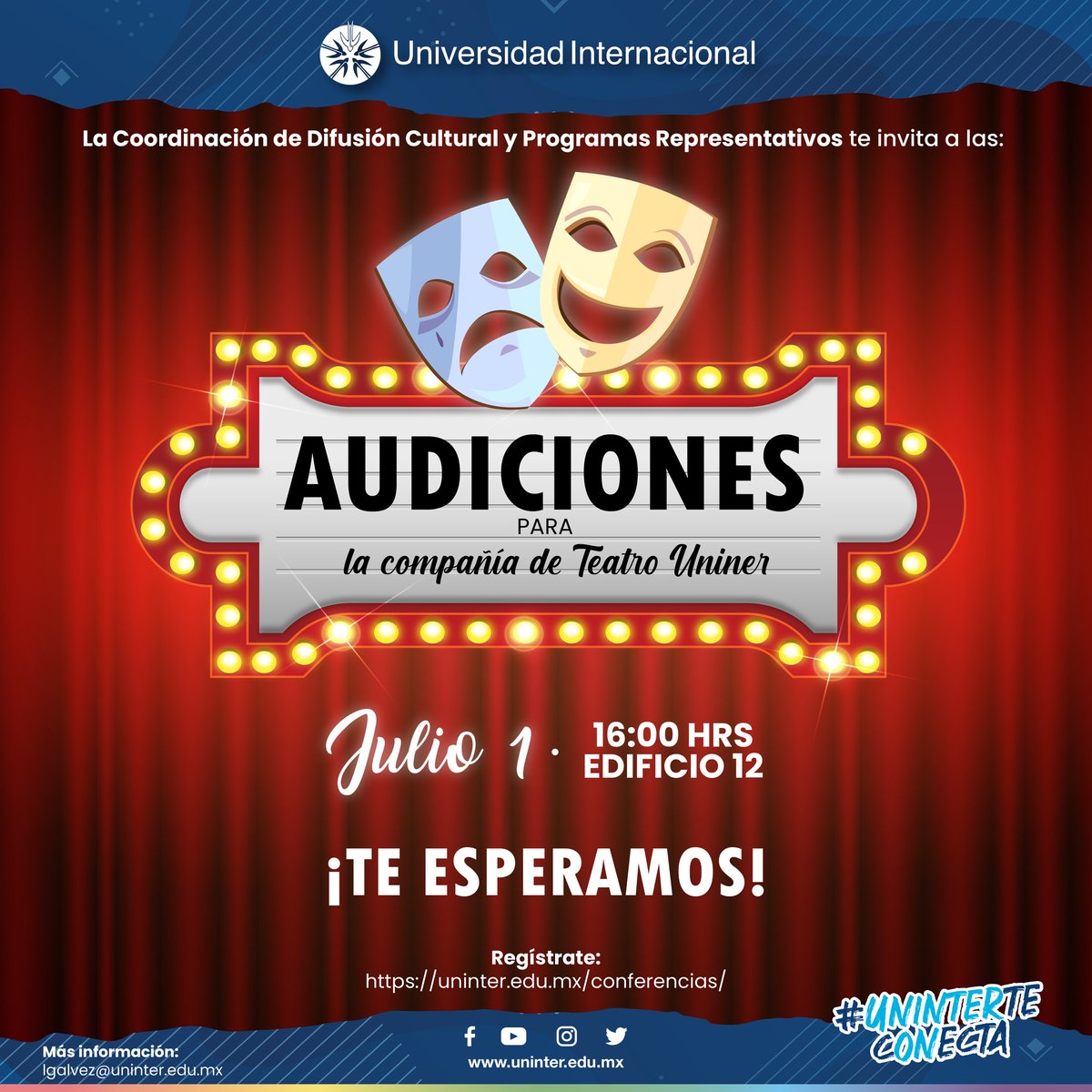 Uninter_Cuerna's tweet image. ¿Quieres formar parte de nuestra Compañía de Teatro UNINTER? 🎭
No dejes pasar la oportunidad de brillar en todos los teatros y crecer tu nivel artístico. 
Puedes obtener un beca especial, sé parte de la experiencia. 🎟
Regístrate en: uninter.edu.mx/conferencias/
#UninterTeConecta.
