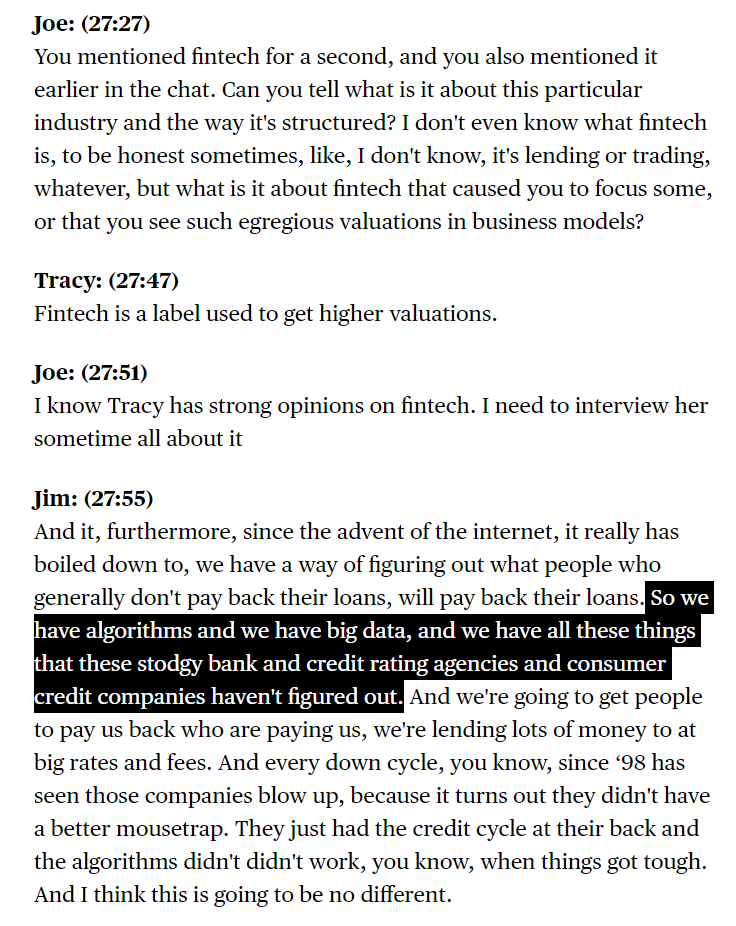 This is such an important insight from Jim Chanos, that in a boom, it's incredibly easy to mistake expanding credit conditions for some new breakthrough in lending that nobody had figured out before. bloomberg.com/news/articles/…