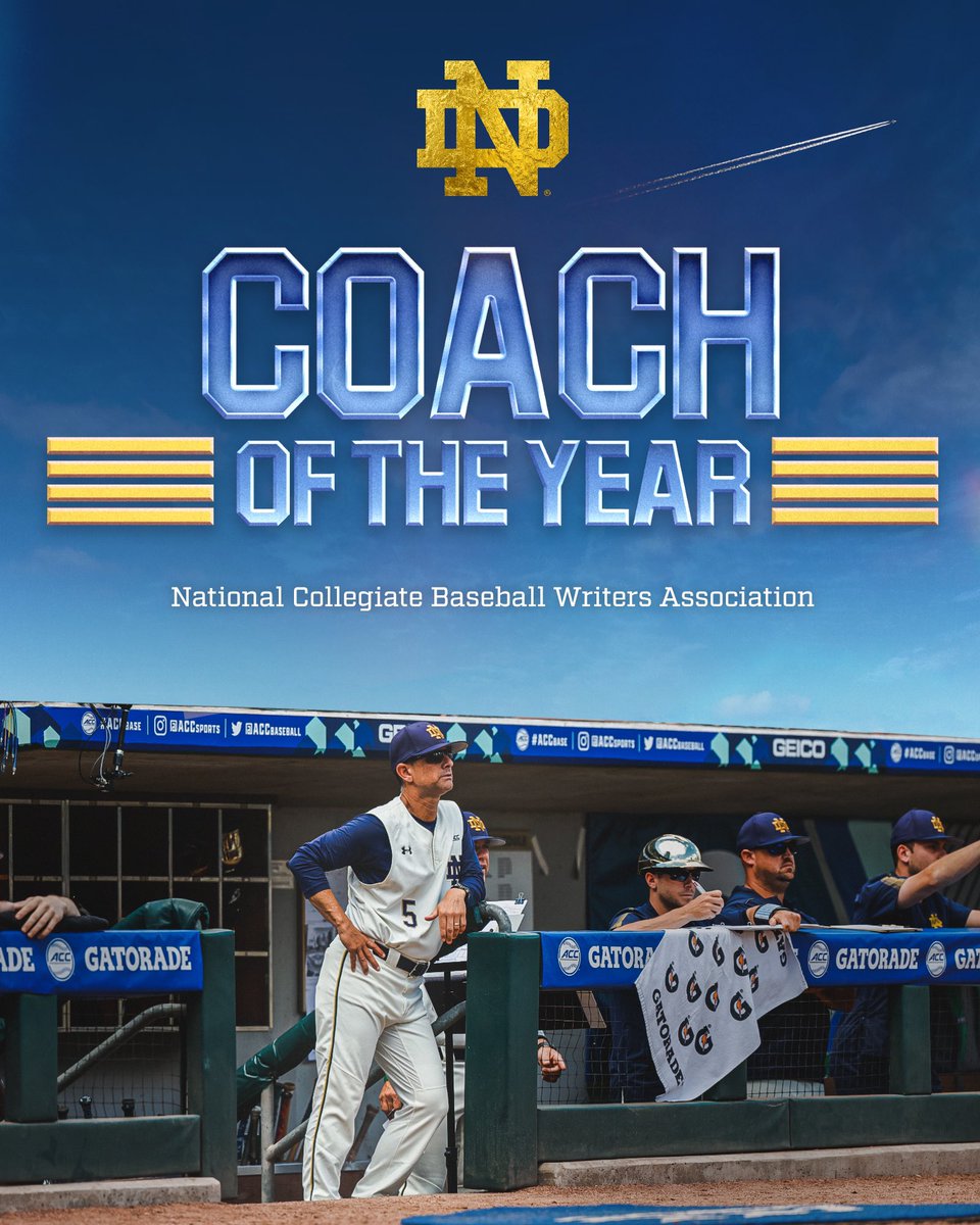 NDBaseball's tweet photo. 𝐍𝐚𝐭𝐢𝐨𝐧𝐚𝐥 𝐂𝐨𝐚𝐜𝐡 𝐨𝐟 𝐭𝐡𝐞 𝐘𝐞𝐚𝐫

Link Jarrett has been named the Mike Martin National Coach of the Year by the NCBWA!

📰 https://t.co/f9uFZTsnms

#GoIrish x #MCWS https://t.co/SuVeLuAWd9