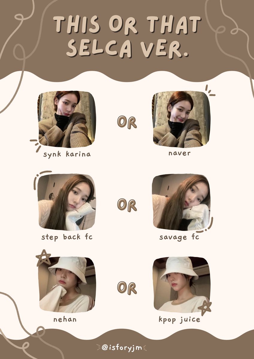 isforyjm's tweet photo. 🤳| this or that selca ver.

• holaa les dejo esta dinamica para apoyar a karina, links e indicaciones abajo

에스파 카리나 #KARINA #카리나 #aespa @aespa_official #에스파 https://t.co/ICA5PE1KWp