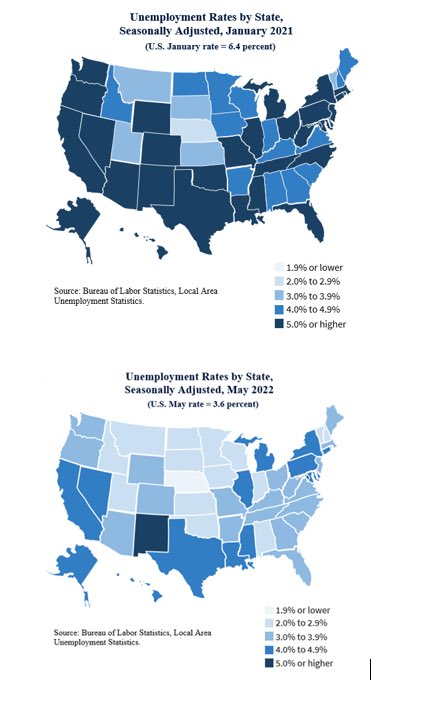 JesseLee46's tweet photo. How it started, how it’s going. Unemployment state by state, when Biden took office vs. now. Dark blue is above 5%, and the lighter the better. Shocking contrast all around America. https://t.co/S8cEPQRZhr