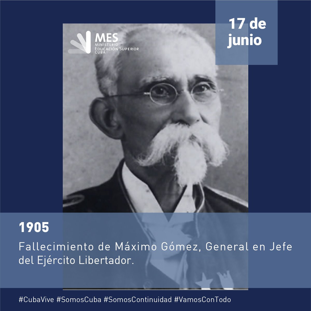 A 117 años de la muerte del Generalísimo Máximo Gómez, recordamos a este dominicano de nacimiento y  cubano de todo corazón, quien se entregó de lleno a la causa independentista cubana, ejemplo de internacionalismo. 
#TenemosMemoria #TenemosHistoria
#SomosCuba