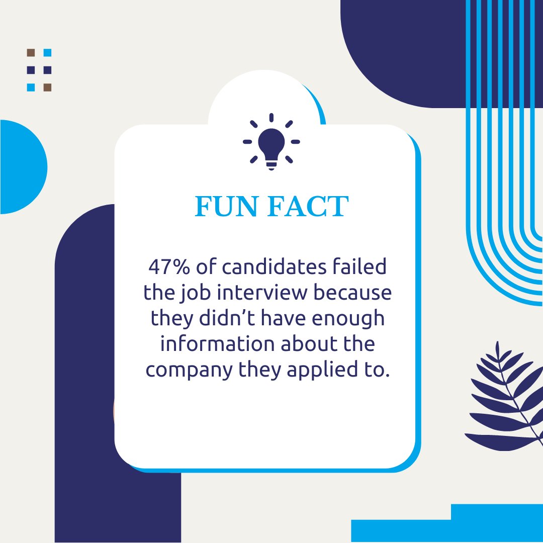 GraduatesFirst's tweet image. Fun Fact- 47% of candidates failed the job interview stage because they didn&apos;t have enough information about the company they applied to.

#funfacts #friday