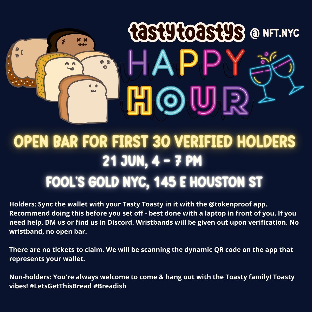 Tasty Toastys 🍞 (@tastytoastys) on Twitter photo Updated information for our NFT.NYC Open Bar - read the full details here: par.tf/Squq
Please sure you're on <a href="/tokenproof/">tokenproof.xyz</a>! The team will be scanning the dynamic QR Code that represents your wallet, NO tickets need to be claimed. #LetsGetThisBread Updated information for our NFT.NYC Open Bar - read the full details here: par.tf/Squq
Please sure you're on <a href="/tokenproof/">tokenproof.xyz</a>! The team will be scanning the dynamic QR Code that represents your wallet, NO tickets need to be claimed. #LetsGetThisBread