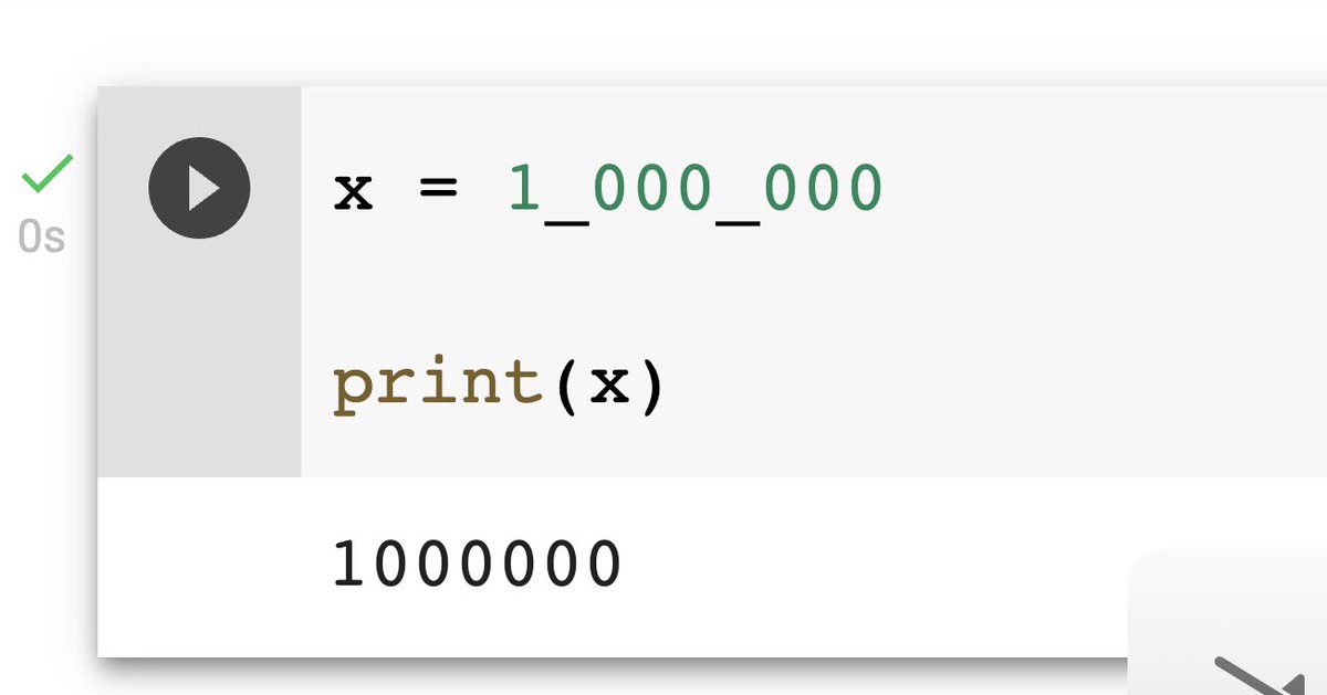 MilesCranmer's tweet image. Today I learned you can write numbers like this in Python (!!)

Makes it easier to read long numbers by separating digits into groups, just like 1,000,000. 

It’s so esoteric that Google Colab doesn’t even color it correctly!