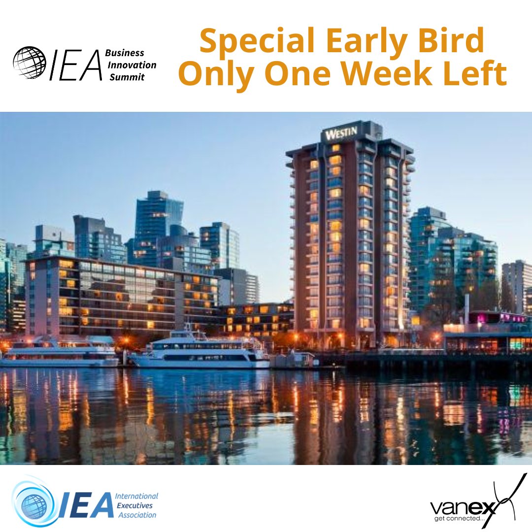 1 week left to get the Early Bird Rate! - mailchi.mp/vanex/please-p…
#teambuilding #teambonding #businessgrowth
#IEA #Vanex #networking #globalnetworking #businessowners
#businessexecutives #Vancouver #IEABusinessInnovationSummit2022
#businesssuccess 
@IEA_web @vanex_association