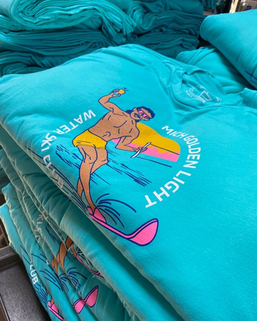 SotaStickCo's tweet photo. Your official @MichGoldenLight Water Ski Club shirt hot off the press! It will be exclusively available at a select Minnesota retailer across Minnesota starting next Friday, June 24. Stay tuned for the official announcement! https://t.co/X2hFwNTJ4u