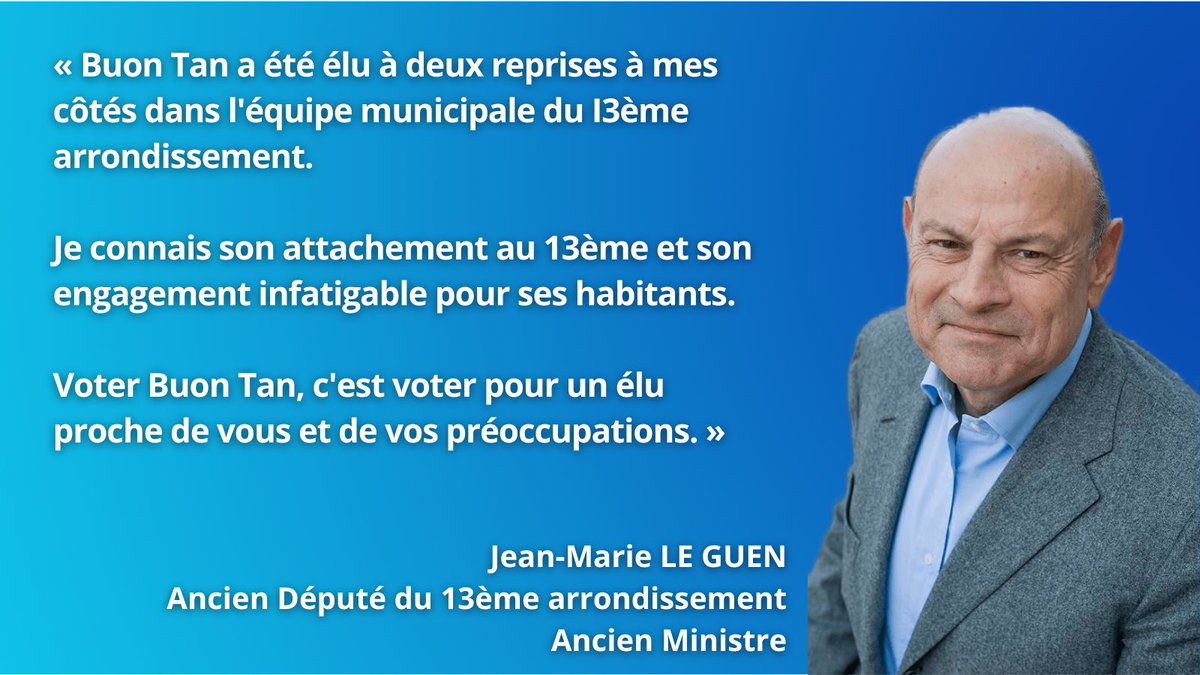 Voter Buon Tan, c'est voter pour un élu proche de vous et de vos préoccupations. » 

Merci cher Jean-Marie Le Guen pour ton soutien !

🗳 Dimanche, faites le choix de la proximité pour le 13ème arrondissement !
