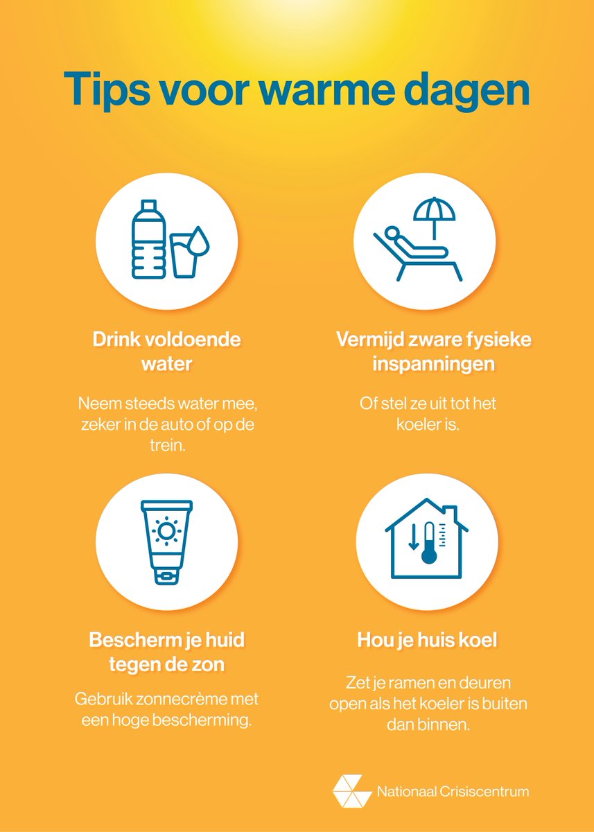 CrisiscenterBE's tweet photo. ☀️‼️ Het wordt een heel warm weekend. Draag zorg voor jezelf en anderen met deze tips.

🔸Drink voldoende water.
🔸Vermijd zware fysieke inspanningen.
🔸Bescherm je huid tegen de zon.
🔸Hou je huis koel. 
🔸Denk ook aan je huisdieren.

Meer info 👉 https://t.co/MJOQEUELOr https://t.co/6xZSqCrk0Z