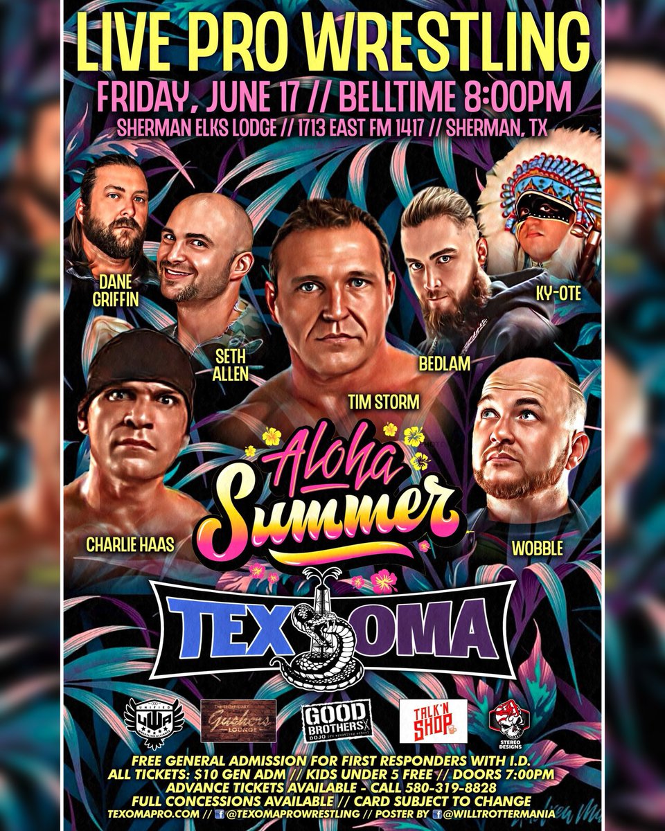 TexomaPro's tweet image. TONIGHT • 8PM • SHERMAN, TX
#AlohaSummer 

Scheduled to appear:
@MrTeflonJon 
@CharlieHaas 
@RealTimStorm 
@jaystong 
@RockstarRook 
@fitz_fights 
@JonnyHarris_TX 
Plus more! 

🎟: TexomaPro.Com