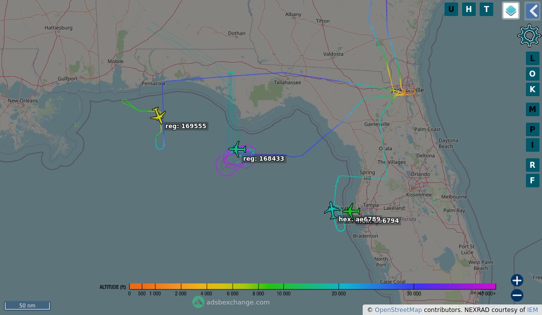 TheIntelFrog's tweet photo. At least 4 P-8A Poseidons are working the Gulf of Mexico off of the Florida coast.
#AE6789
#AE6794
#AE4EB7 as LL###
#AE5F44 as LL### https://t.co/DdkHEkro4Q
