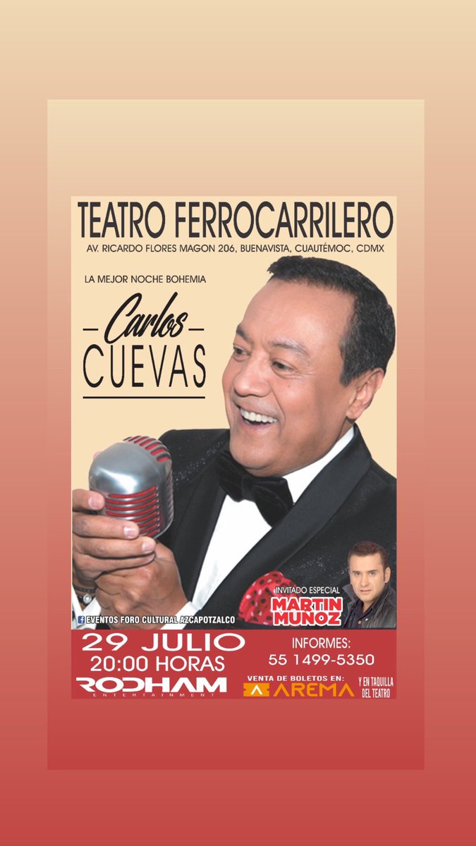 carlos_cuevas's tweet photo. Mi gente querida los invito a una fiesta romántica en el emblemático
Teatro Ferrocarrilero
29 de Julio 8pm
Boleros en taquilla y @aremamx
Invitado especial
@martincantante
#teatroferrocarrilero
#eventocdmx https://t.co/KjOxyVKEUK