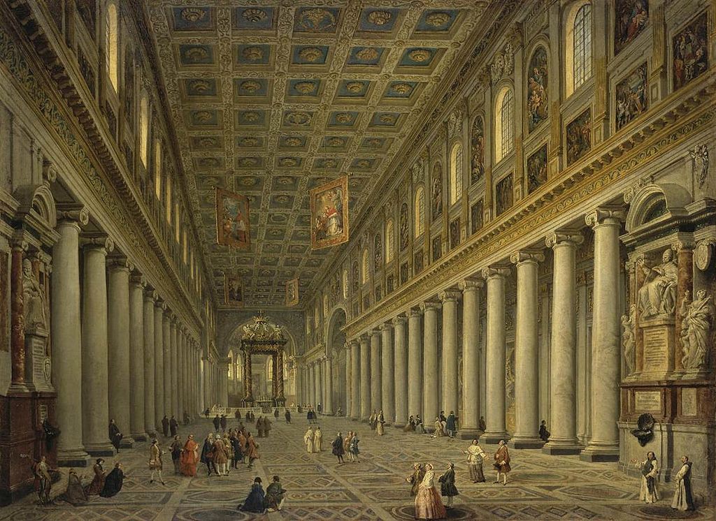 Interior of Santa Maria Maggiore in Rome, 1750s. Love the textiles hanging high overhead. Painting by Giovanni Paolo Panini, born OTD in 1691.