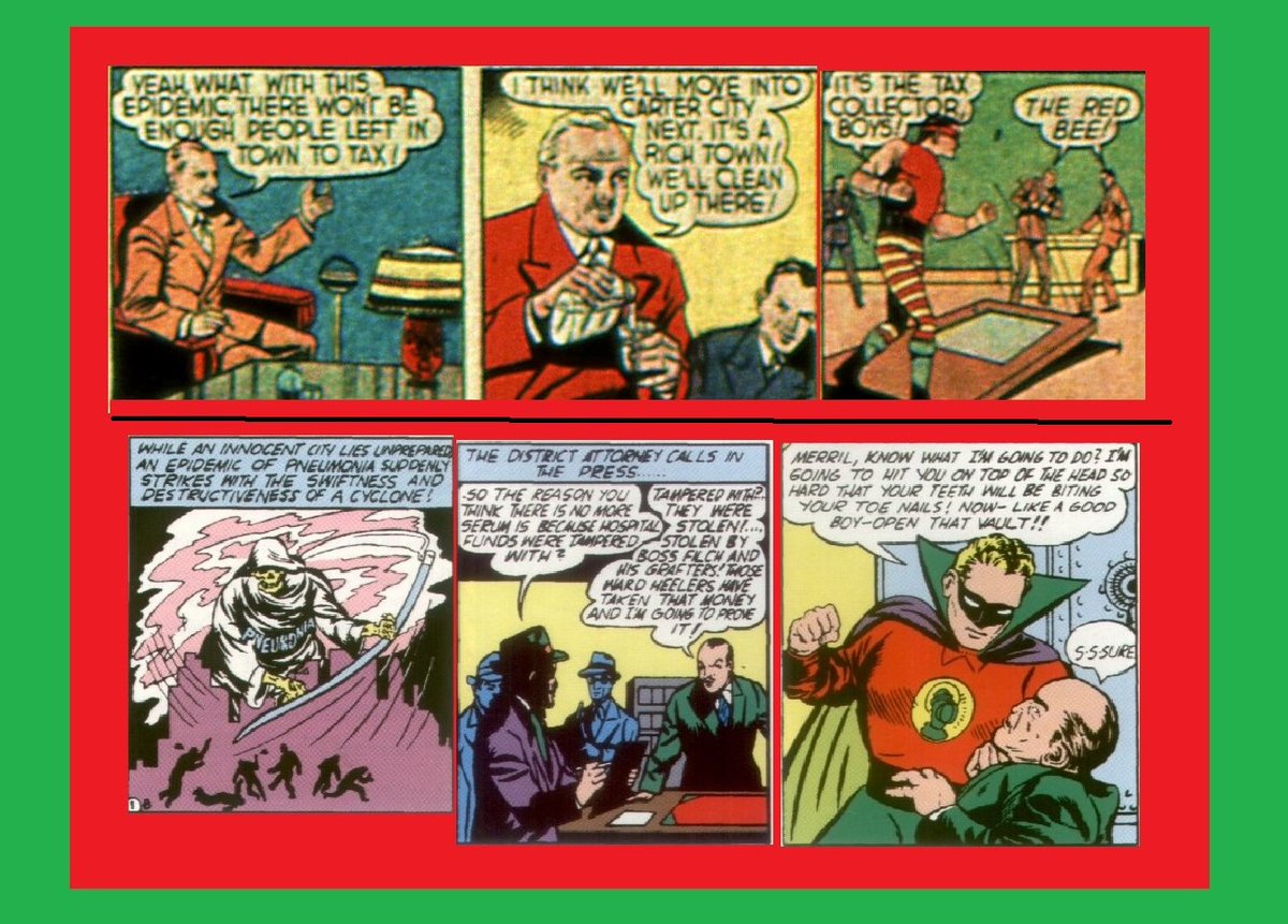 HeroesUnited_4's tweet photo. Note in both #GoldenAge August 1940 #RedBee Rick Raleigh #QualityComics #HitComics story and November 1941 #GreenLantern Alan Scott story - both stories have racketeers stealing from hospital funds (Red Bee #influenza epidemic; GL: #pneumonia epidemic), about a year apart. https://t.co/RMEXZGqxw8