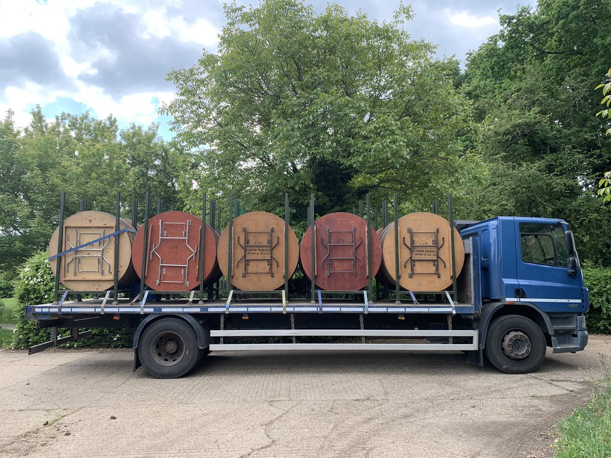 Loaded and ready to go 100 round tables #furniturehire #marqueehire meadowmarquees.co.uk