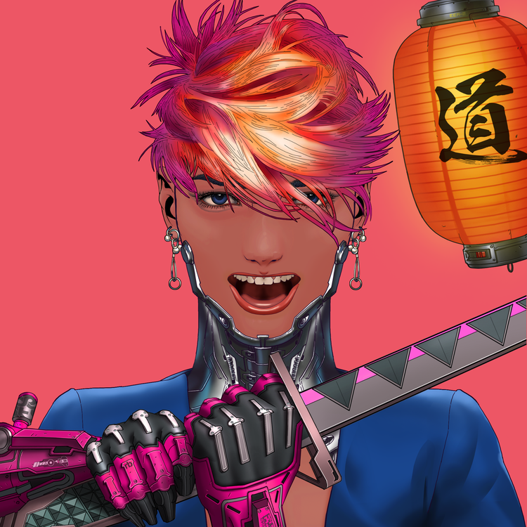 Meet Kimiko🌸 - don’t let her cute demeanor fool you, her time with the Gangs of Electric Sheep makes her a deadly adversary.

Total Collection: 10,000 
Number of Trait Types: 12
Number of Components: 235
Total Possible Outcomes: 700+ trillion