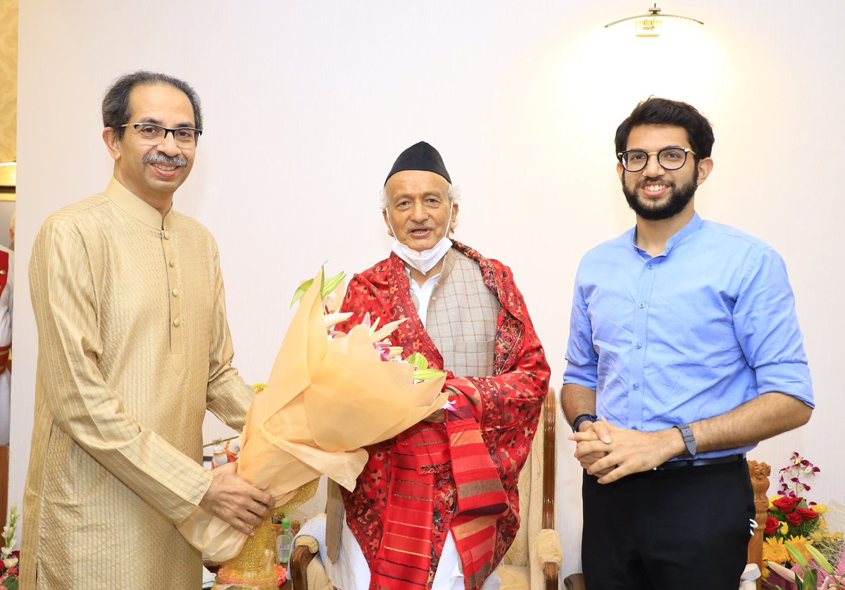 AUThackeray's tweet photo. CM Uddhav Thackeray ji and I called on HE Governor of Maharashtra, @BSKoshyari ji to extend our wishes on his birthday https://t.co/s5L90jSD8j