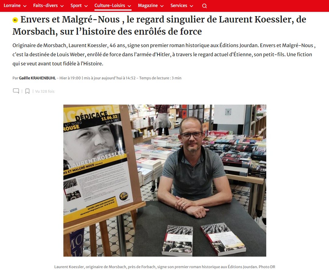 . <a href="/noircisseurs/">Laurent KOESSLER</a>  signe son premier roman historique aux Éditions Jourdan. Envers et Malgré-Nous , c’est la destinée de Louis Weber, enrôlé de force dans l’armée d’Hitler, à travers le regard actuel de son petit-fils. 
#VendrediLecture
republicain-lorrain.fr/culture-loisir…