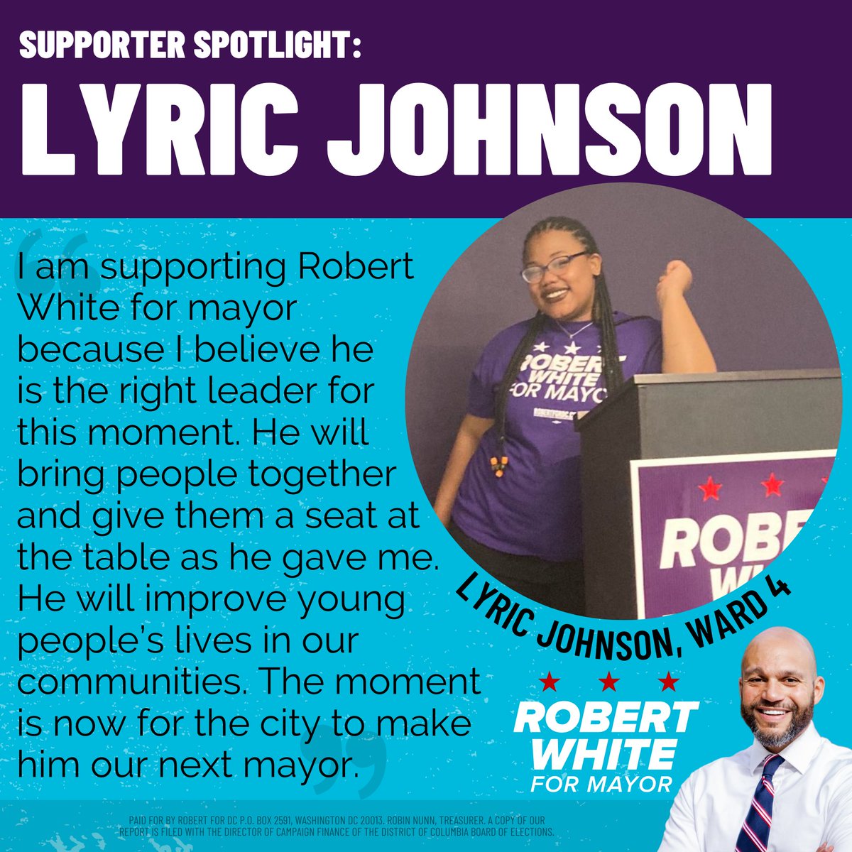 RobertWhite_DC's tweet photo. Today's supporter spotlight is Ward 4 resident and student activist @LyricL_Johnson! Tell us why you're supporting Robert for mayor by using the hashtag #TeamRobert! https://t.co/ZBaAsiO9XJ