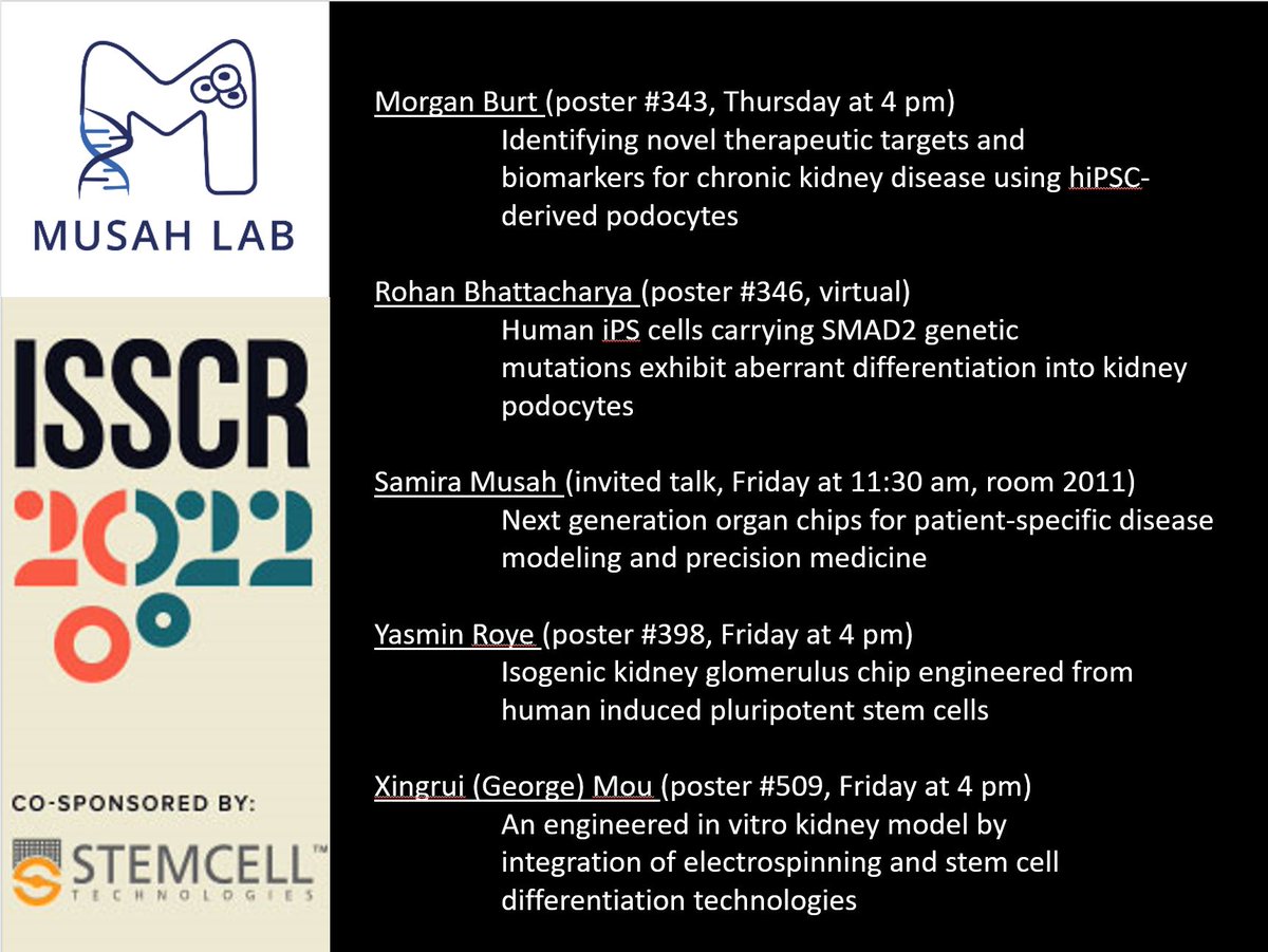 Musah Lab at Duke University (@musahlab) on Twitter photo More presentations from our lab happening today, Friday 6/17 at #ISSCR2022. Come learn more about our work, meet the amazing <a href="/DukeEngineering/">Duke Engineering</a> <a href="/DukeU/">Duke University</a> students from our research team, or simply chat:-) <a href="/MusahLab/">Musah Lab at Duke University</a> <a href="/ProfSamiraMusah/">Samira Musah</a> More presentations from our lab happening today, Friday 6/17 at #ISSCR2022. Come learn more about our work, meet the amazing <a href="/DukeEngineering/">Duke Engineering</a> <a href="/DukeU/">Duke University</a> students from our research team, or simply chat:-) <a href="/MusahLab/">Musah Lab at Duke University</a> <a href="/ProfSamiraMusah/">Samira Musah</a>