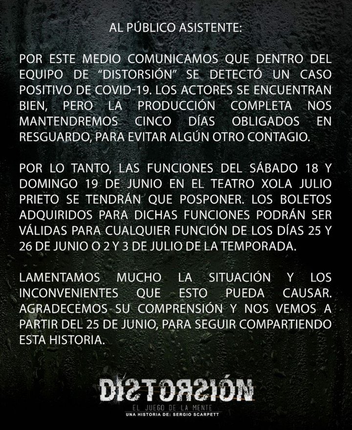 TeatroXola's tweet photo. ATENCIÓN.
Pausa segura este fin de semana @DistorsionMex https://t.co/qeKdGooVAo