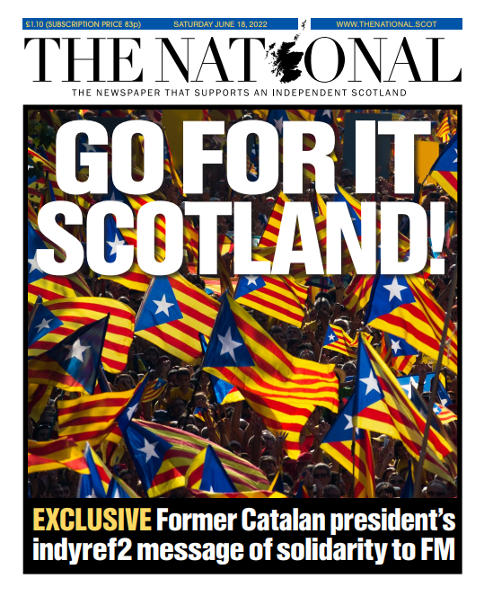ScotNational's tweet photo. Today's front page 🗞️
'Endavant escocesos! Go Scotland!'
Former Catalan president sends letter of support to Scotland on indyref2 https://t.co/Cgu7U2ivyQ