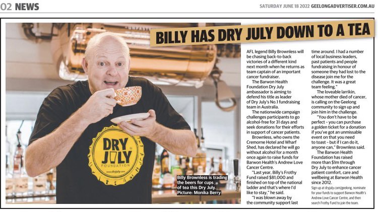 Billy is back on board 🏆 <a href="/dryjuly/">Dry July</a> <a href="/geelongaddy/">Geelong Advertiser</a> #BillyBrownless