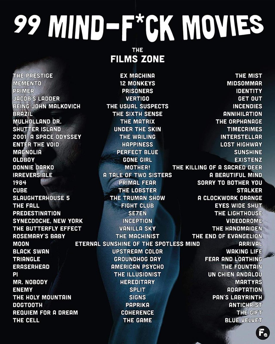 levmauc's tweet photo. En The Films Zone hace 2 años crearon una lista con 99 películas que juegan con tu mente y deberías ver. Entre sus títulos anda Oldboy, Hereditary, Ex Machina, Memento o Coherence y otros a descubrir como Triangle, Predestination, Moon, Slaughterhouse 5 o Sorry to bother you. https://t.co/ZupIn75q7P