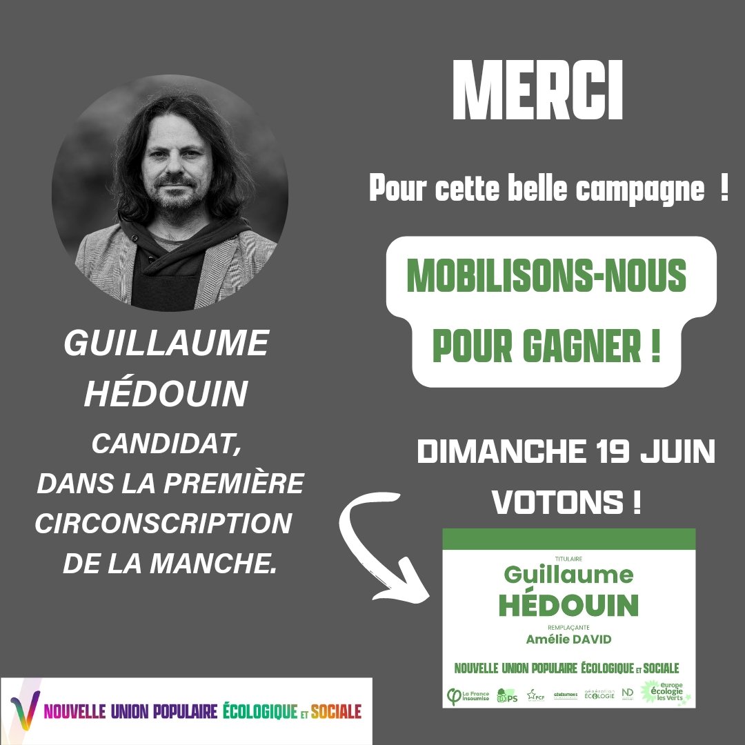 La campagne officielle est terminée Merci à mon incroyable équipe, merci à vous Nous avons bousculé le duel attendu en battant le candidat de Macron au 1er tour Ne laissons pas un quatrième mandat successif à Philippe Gosselin, renouvelons ! #législatives2022 #Nupes #circo5001