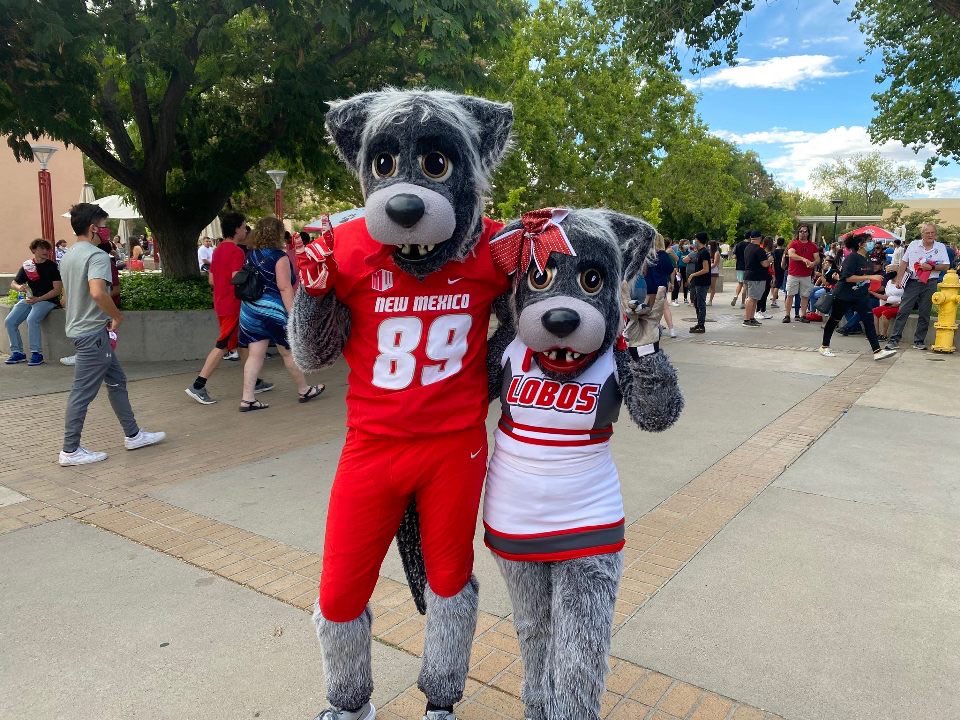 UNMLoboSpirit's tweet photo. Happy #NationalMascotDay to Louie &amp; Lucy! We are lucky to have the best out there! #GoLobos https://t.co/4XKwne08bM