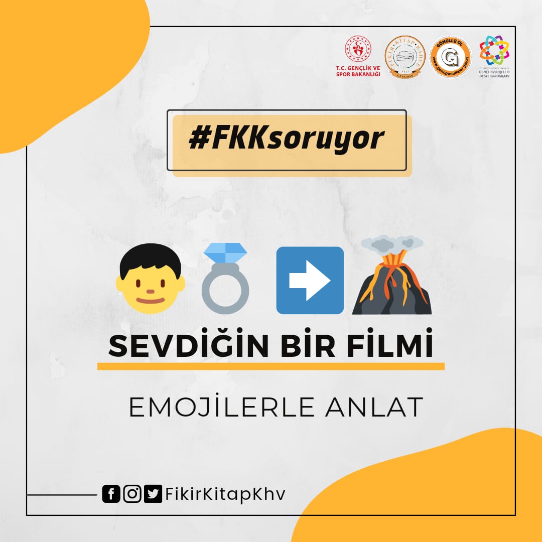 #FKKsoruyor
En sevdiğin filmi emojilerle anlatmaya ne dersin? İlk film bizden. Görseldeki filmin  cevabını yorumlarda bekliyoruz😊 

#fkksoruyor #fkk #fikirkitapkahve #gençlikvesporbakanlığı #gsbproje #kitapkahveproje #gençkahramanmaraşlılarderneği #ankara