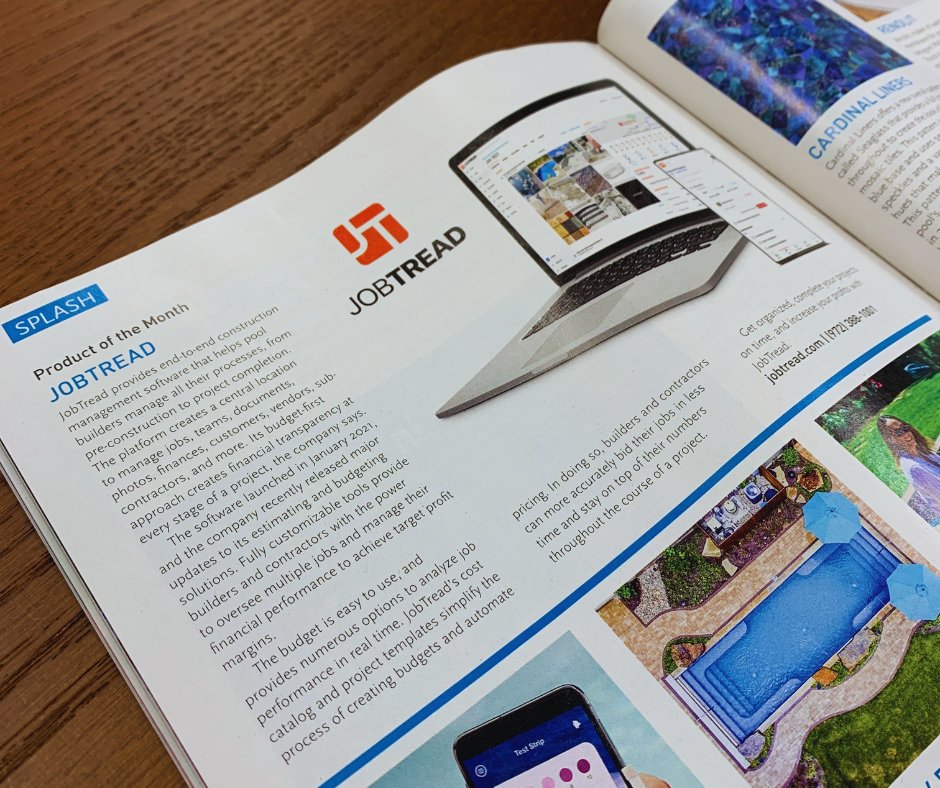 JobTread's tweet image. A HUGE thank you to @aquamagazine for featuring JobTread as the Product of the Month for pool builders! We've loved helping hundreds of pool builders get organized, save time, and increase profits!

#poolinstall #poolbuilder #poolbuilders #poolandspa #swimmingpool