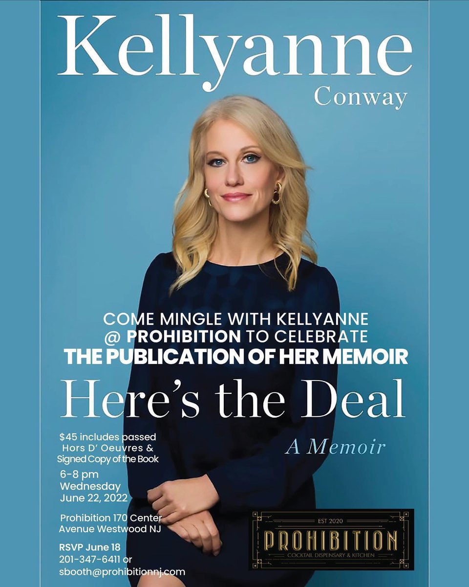 Join <a href="/KellyannePolls/">Kellyanne Conway</a> on Wednesday, June 22 to celebrate the launch of her new memoir at Prohibition in Westwood, an #LGBTowned small business! 🇺🇸🏳️‍🌈
• • • 
Be sure to RSVP to:
sbooth@prohibitionnj.com
or (201) 347-6411
• • •
#bergencounty #newjersey #logcabinrepublicans