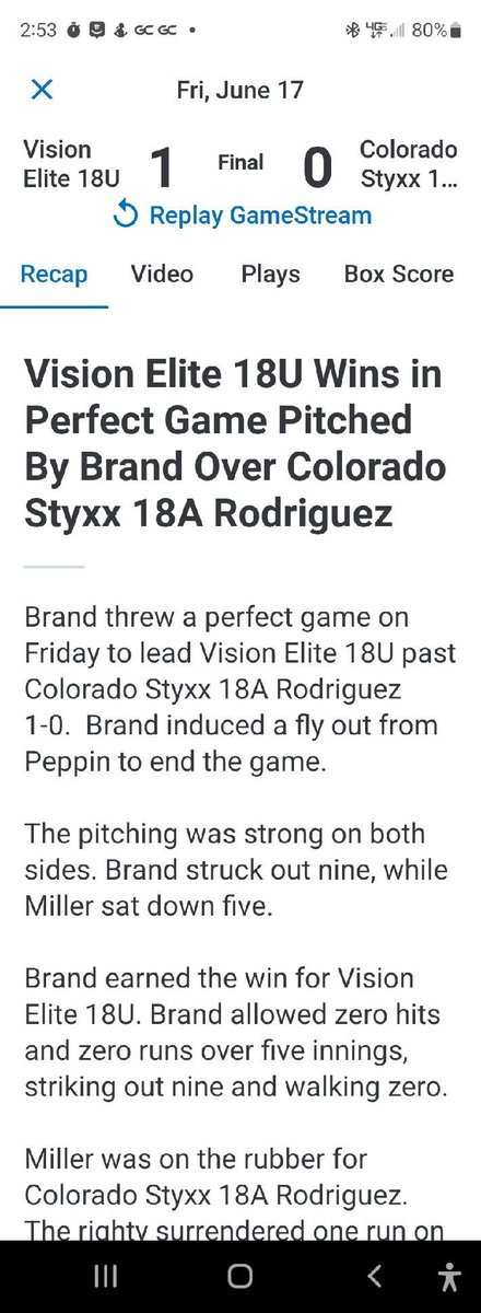 Thank you so my to my defense for helping me achieve a perfect game!! I couldn’t have done it without <a href="/amiacarr2024/">Amia Carr</a> ‘s diving catch at first💪🏻 <a href="/18uVisionElite/">Vision 18U Elite</a> <a href="/SNUSoftball/">SNU Softball</a> @CoachFullerPitt <a href="/Team1_fastpitch/">Team 1 Fastpitch</a> <a href="/ReddiesSB/">Reddie Softball</a> <a href="/Coach_Maples/">Sam Maples, MBA</a> <a href="/ExtraInningSB/">EXTRA INNING SOFTBALL</a> @CowgirlSB <a href="/VisionArkansas/">VisionGold18U</a>