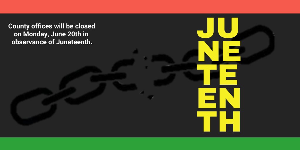STLCOPlanning's tweet photo. County offices will be closed on Monday, June 20th in observation of Juneteenth. Juneteenth commemorates June 19, 1865 - when news of the signing of the Emancipation Proclamation finally reached Galveston, TX. https://t.co/i1UOZkkyXO