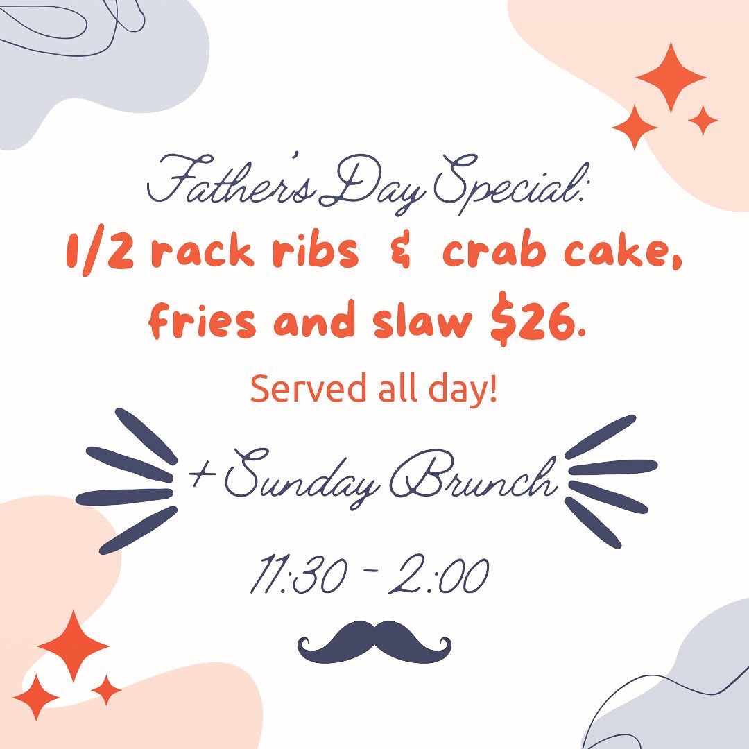 stonebridgeMD's tweet photo. Let’s celebrate! 🎉See you Sunday for our rib & crabcake 🦀 special (all day) or, for brunch (11:30-2 only)! 😎 #fathersday #brunch #treatdad #celebratedad #fathersdaygiftideas #letusdothecooking #seeyouthen #thenstockup #marylandlinewineandspirits https://t.co/SiVTaWc7EW