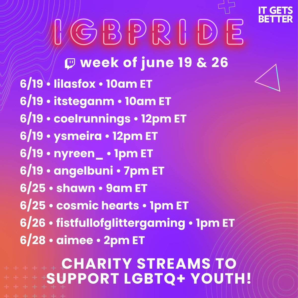 ItGetsBetter's tweet photo. ๐ณ๏ธโ๐๐ณ๏ธโโง๏ธSO many charity streams to support LGBTQ+ youth by our amazing Partners and Affiliates in June, it's practically a festival!
Check out the schedule for the rest of June so you can pop in and make a donation on their Twitch channels. ๐
Follow along w/ #IGBPride! https://t.co/sRQH0hWRnf