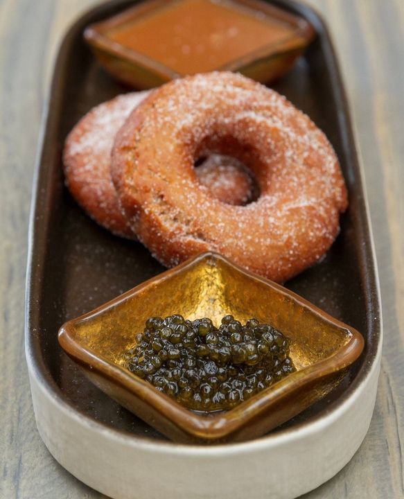 The ultimate salty-sweet from Birch &amp; Rye. Rye donuts and Siberian sturgeon caviar served in a <a href="/MyGlassStudio/">Myglassstudio</a> Gold Condiment Bowl.