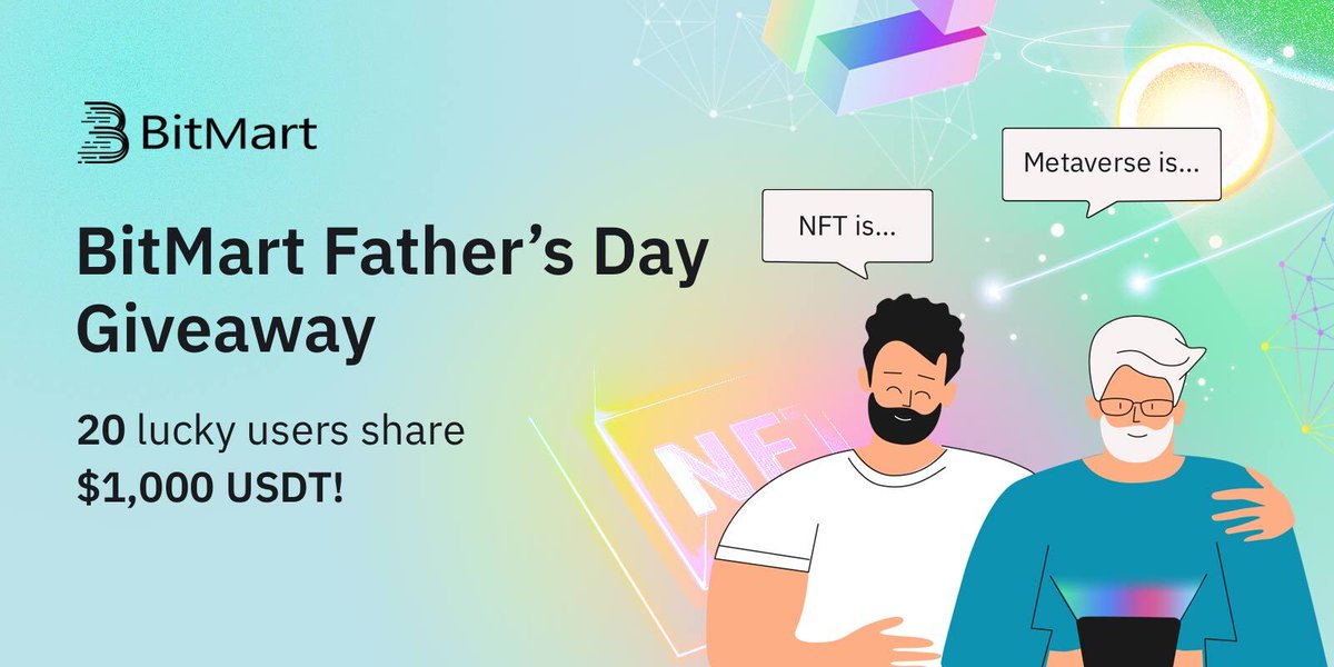 BitMartExchange's tweet photo. 👪Happy #FathersDay2022!
 
1⃣Follow us, RT &amp; tag 3 friends
2⃣Register with #BitMart 🔗https://t.co/e1Z81t3yTw
3⃣Comment &amp; let us know how do you explain #NFT or #Metaverse to your father
 
🎁20 lucky users share $1,000 USDT!
⏰By 6/20 10AM EDT
 
Join now👉https://t.co/2nX0vLC82e https://t.co/LQKyeXQawD