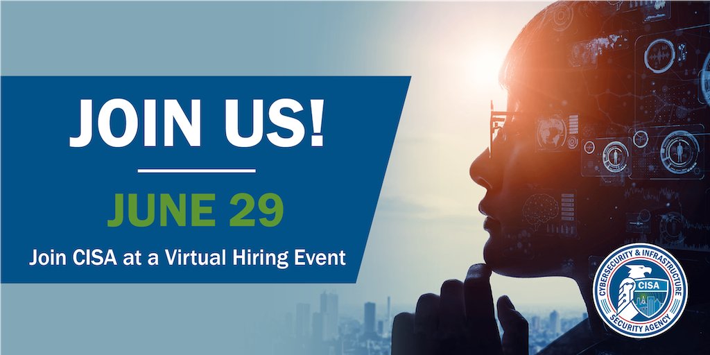 CISAgov's tweet photo. #HotHiringSummer! We’re rapidly expanding our skilled &amp; diverse workforce by streamlining our hiring process. On June 29th, we are hosting a career fair. Qualified participants can receive an on-the-spot offer for one of open roles: https://t.co/ptX0D74ivV #InfoSecJobs #NowHiring https://t.co/p01hwUFajD