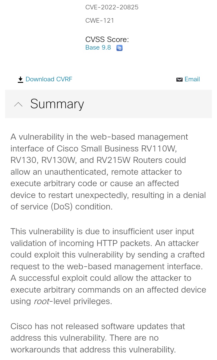 Some vendors: This vuln is in software that is technically end-of-life/end-of-support, but given the potential impact and the fact that it's a pretty egregious defect we'll issue a fix .

Cisco: Here's a "Critical" advisory telling you you're screwed. Good luck.